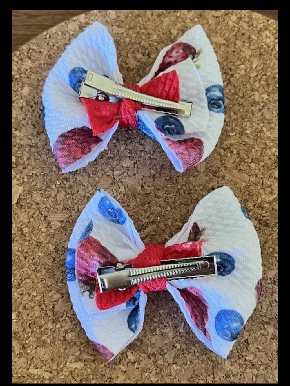 Handmade Fabric Hair Bow Red White Blue Berry 4th July Girl 2.75”x2.5” Clip 2pc